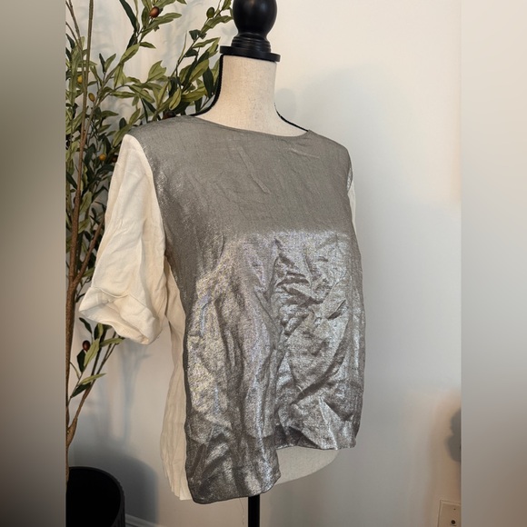 Maje Tops - Maje Silver Metallic and Cream Short Sleeve Top Size XS